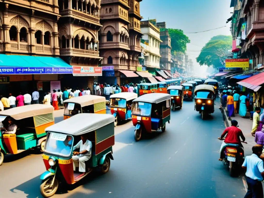 Una calle bulliciosa en Mumbai, India, llena de colores vibrantes, arquitectura intrincada y gente diversa en actividades