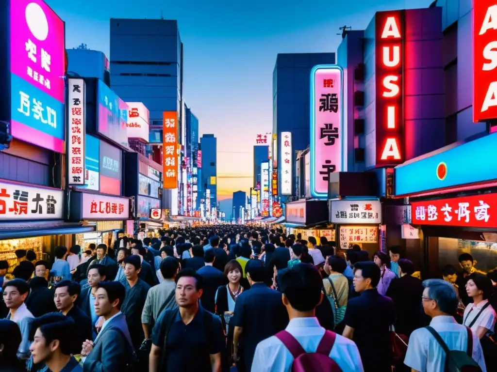 Una calle bulliciosa en Tokio, llena de letreros de neón y multitudes, capturando la energía vibrante y acelerada de la ciudad