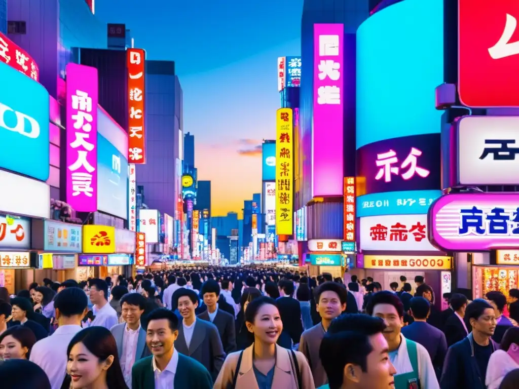 Una calle bulliciosa en Tokio, llena de letreros de neón, colores vibrantes y diversidad