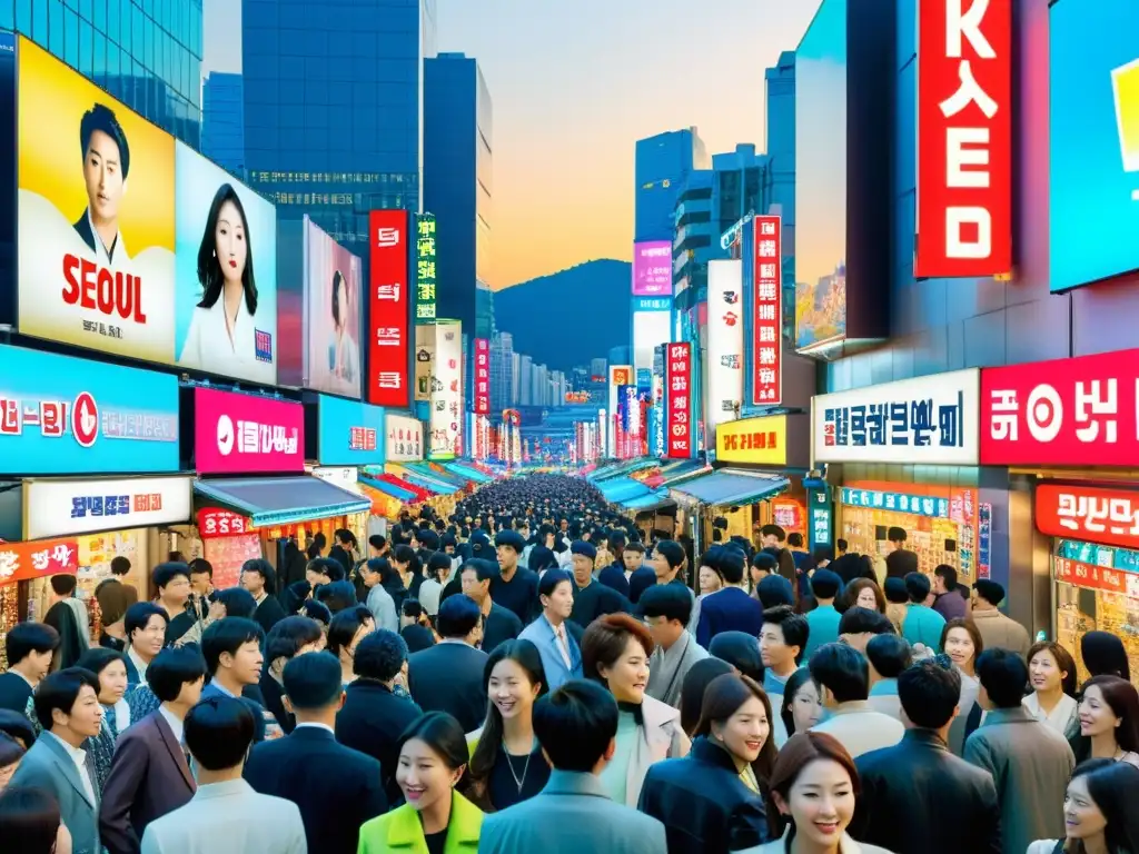 Una calle bulliciosa de Seúl, llena de letreros de series coreanas, gente viendo dramas en sus celulares y admirando posters de estrellas