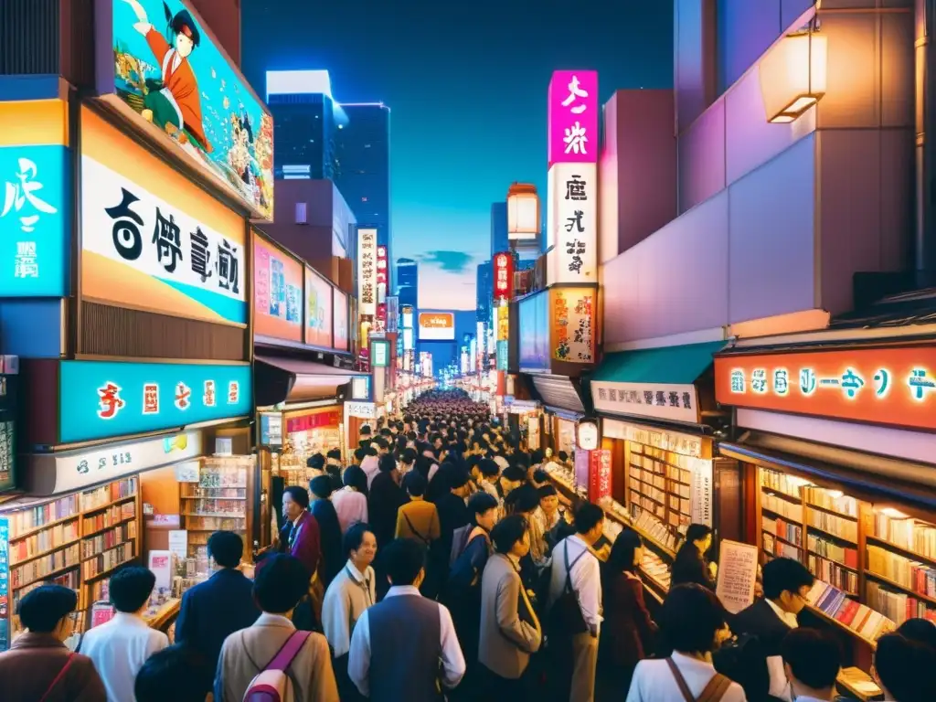 Una calle bulliciosa de Tokio llena de librerías y manga vibrante, fusionando literatura asiática tradicional y pop en una escena dinámica y colorida