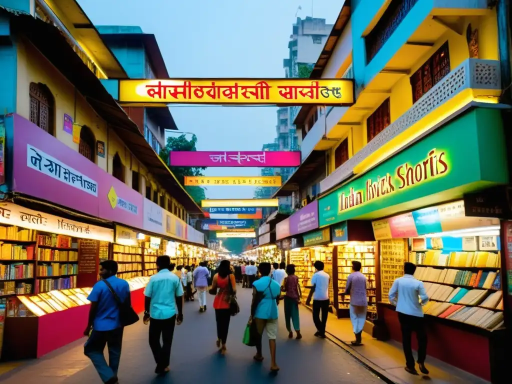 Una calle bulliciosa en Mumbai, India, llena de librerías vibrantes y cafés literarios