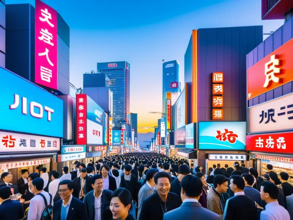 Una calle bulliciosa en Tokio, Japón, llena de luces de neón, gente y tiendas con dispositivos IoT futuristas