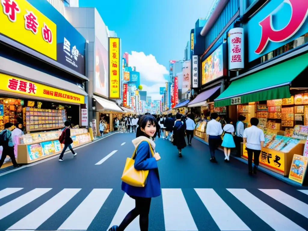 Una calle bulliciosa en Tokio llena de tiendas temáticas de anime, turistas disfrazados y energía de turismo inspirado en anime lugares