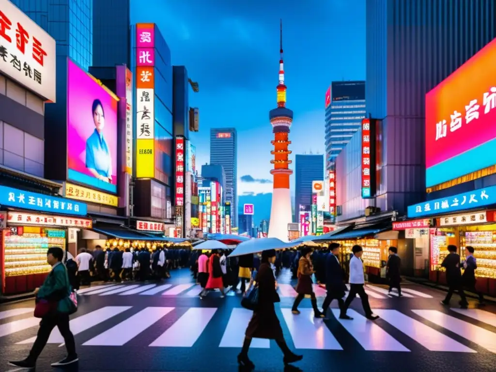 Contrastes de Tokyo: Templo tradicional entre rascacielos Una calle bulliciosa en Tokio, con rascacielos y letreros de neón que iluminan la atmósfera dinámica de la ciudad