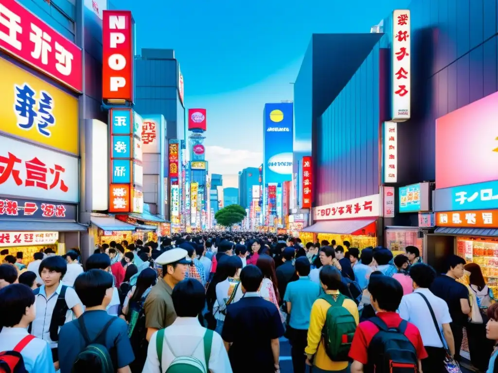 Una calle bulliciosa de Akihabara, Tokio, repleta de luces de neón, tiendas de anime y personas vestidas con coloridos trajes cosplay