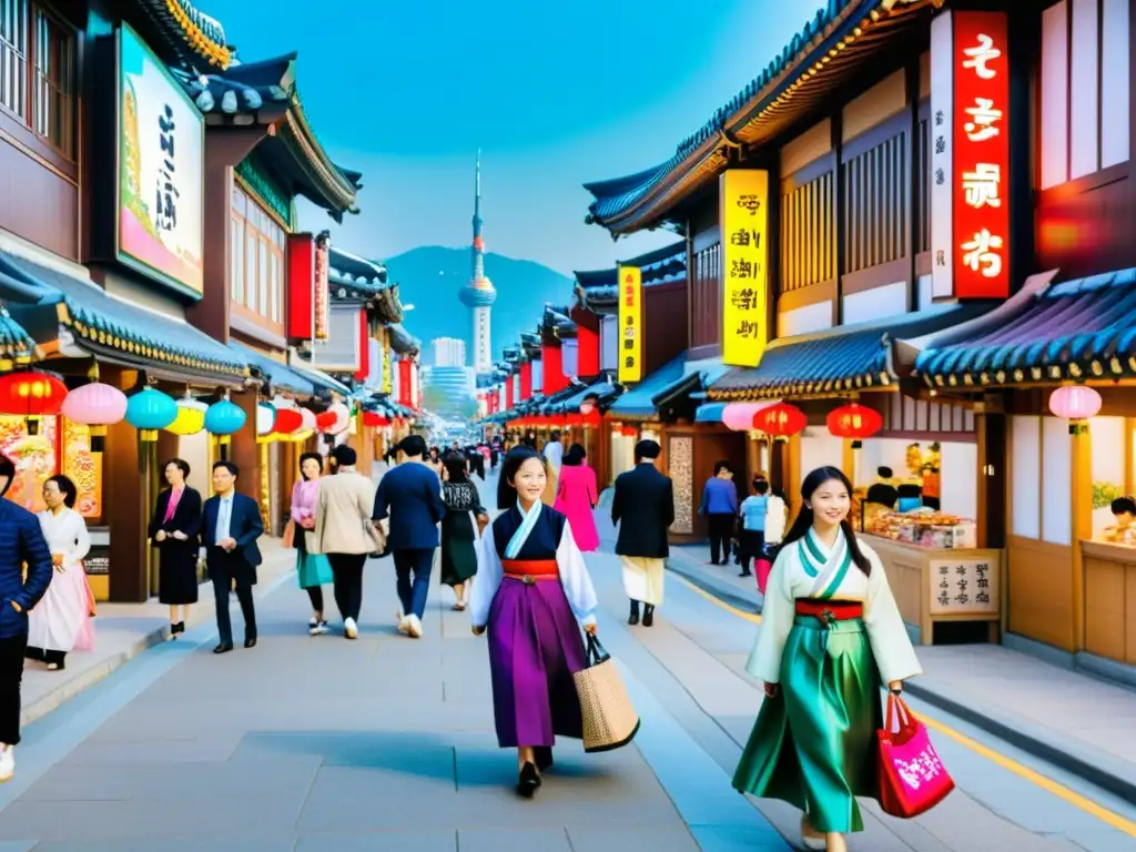 Una calle bulliciosa en Seúl, Corea del Sur, con una mezcla de casas hanok tradicionales y modernos rascacielos creando un dinámico paisaje urbano