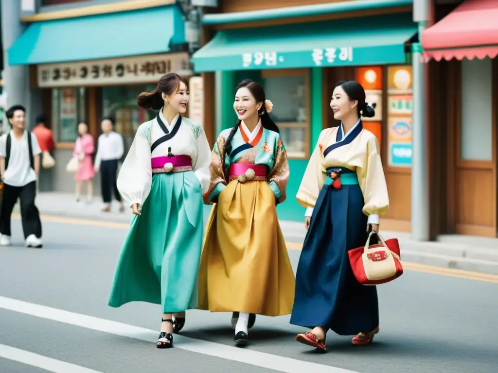 Una calle bulliciosa en Seúl, Corea del Sur, donde la moda asiática redefine tendencias globales con una mezcla vibrante de hanbok y estilos de Kpop