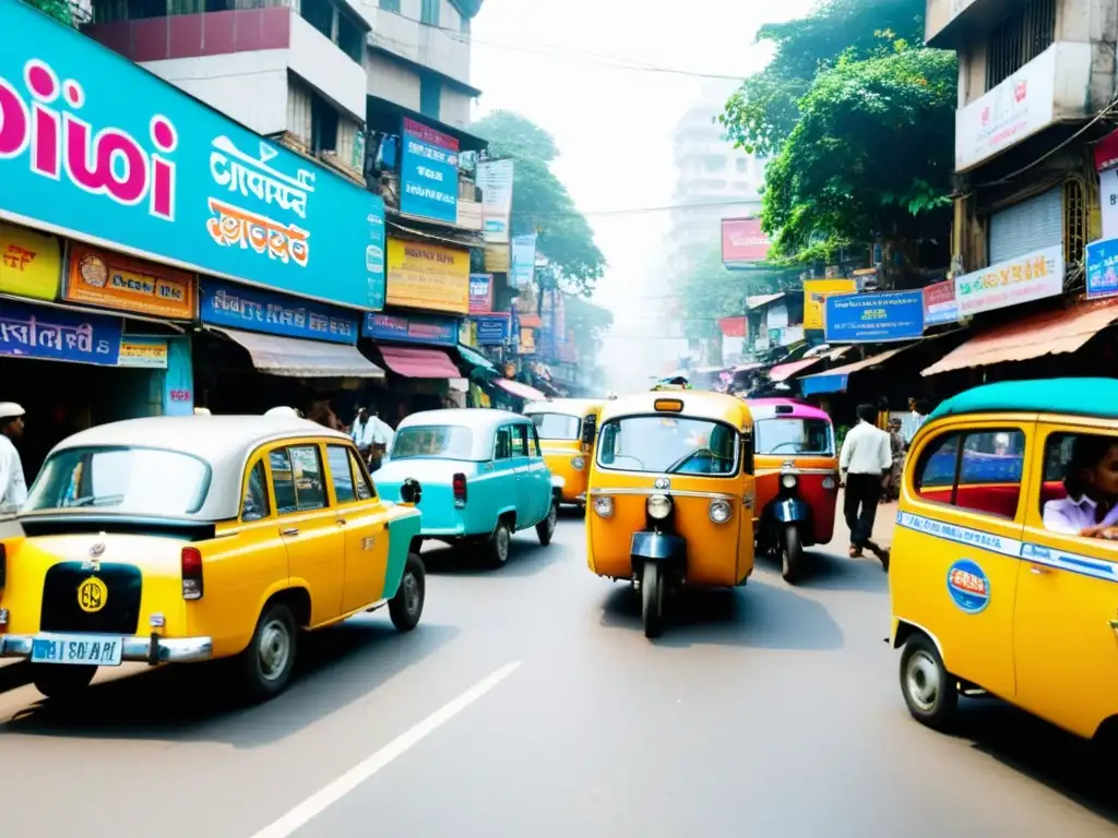 Una calle bulliciosa en Mumbai, India, con tiendas vibrantes y letreros coloridos en hindi e inglés