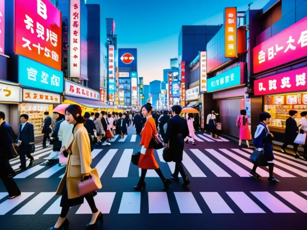 Una calle bulliciosa de Tokio con vibrantes letreros de neón, personas con estilo y arquitectura tradicional y moderna