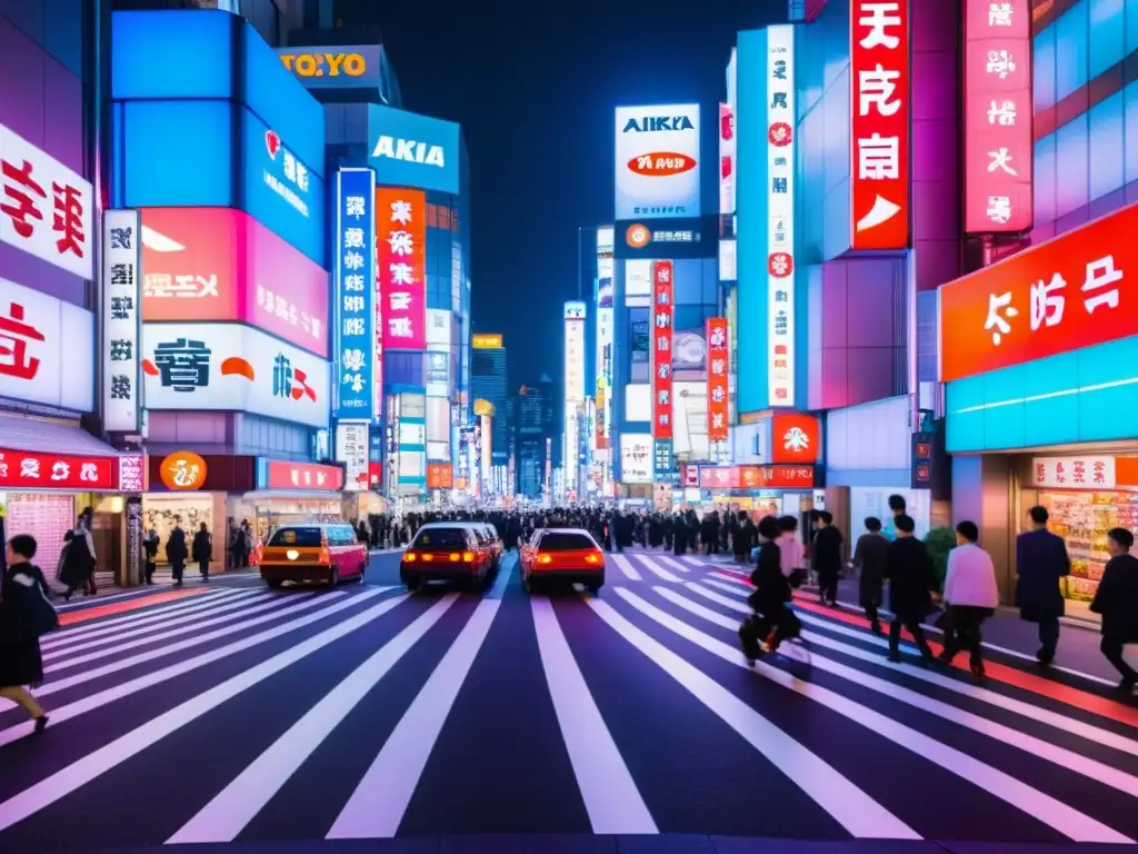 Una calle neón en Tokio, escenario de 'Akira', con arquitectura tradicional y rascacielos modernos