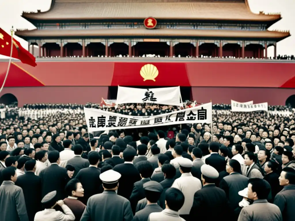 Manifestación en la calle durante la Revolución Xinhai y dinastías chinas en Beijing, con multitudes, pancartas y edificios históricos