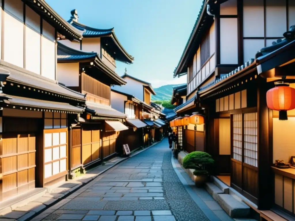 Una calle tradicional de Kyoto, mezcla de tiendas antiguas y modernas, con locales y turistas vistiendo kimono y llevando bolsas de compras