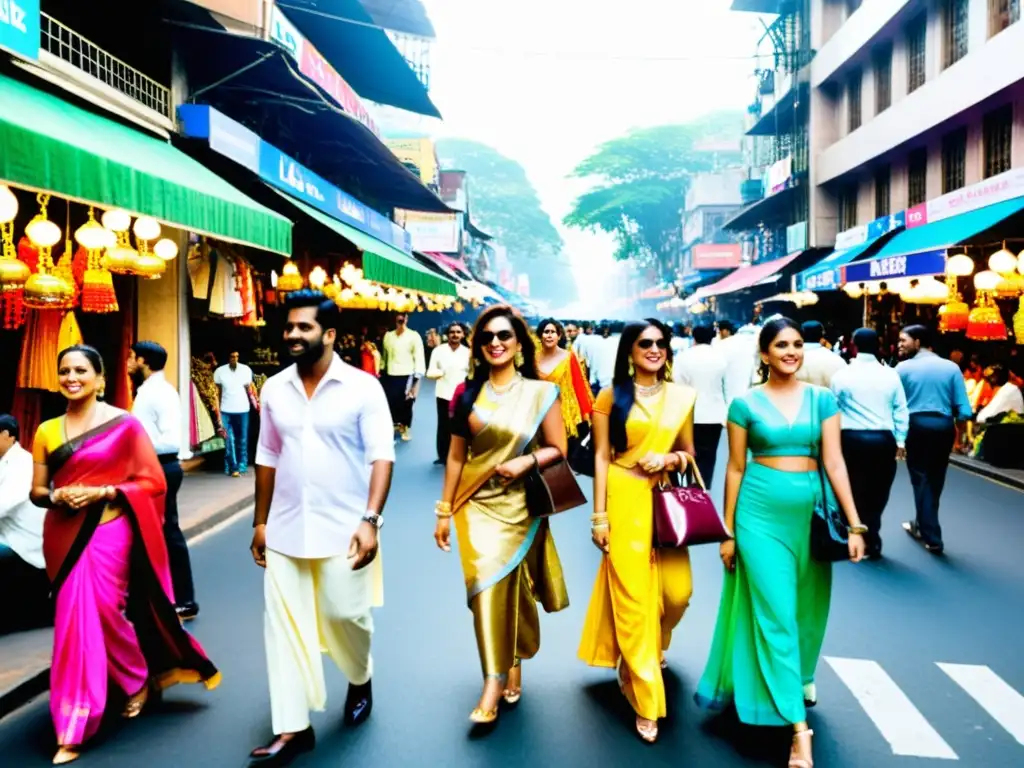 Una calle vibrante y bulliciosa de Mumbai durante la Fiesta de colores y lujo, llena de gente diversa vestida con ropa tradicional y moderna