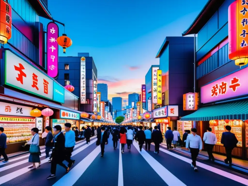 Una calle vibrante y bulliciosa en Tokio, Japón, con letreros de neón, linternas tradicionales y tiendas coloridas