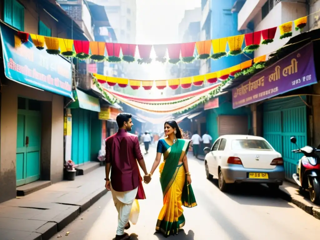 Una calle vibrante y bulliciosa en Mumbai, India, llena de saris coloridos, guirnaldas de flores y música tradicional