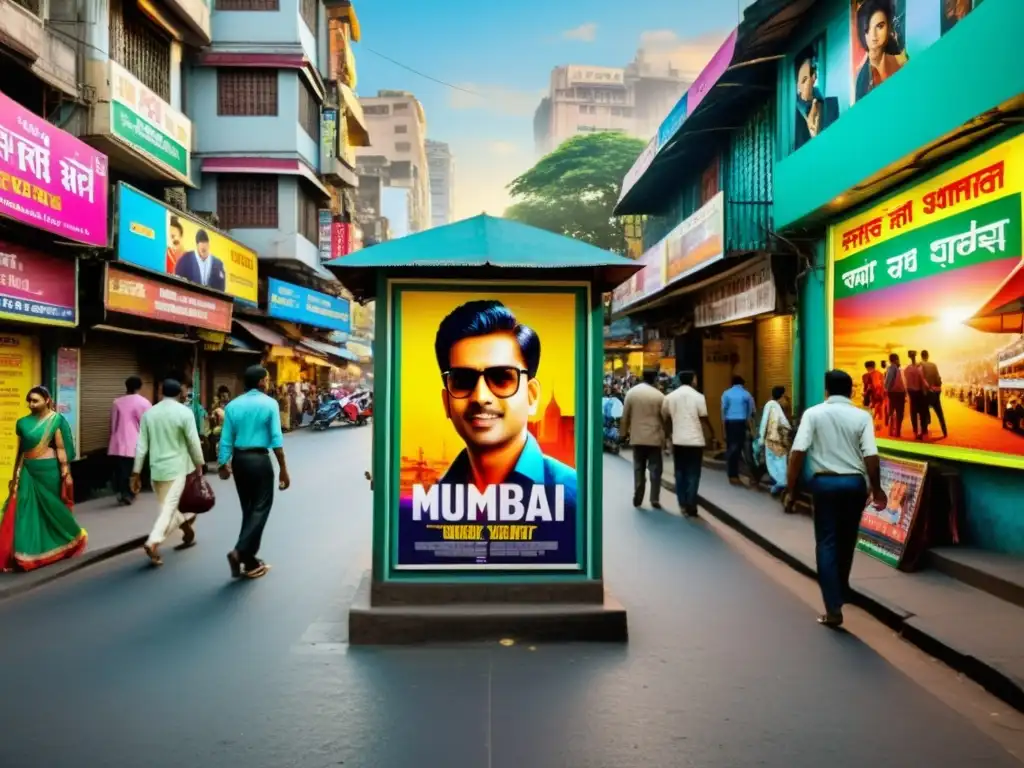 Calle vibrante en Mumbai, India, llena de carteles de cine coloridos, reflejando la diversidad y vitalidad del cine regional indio diverso