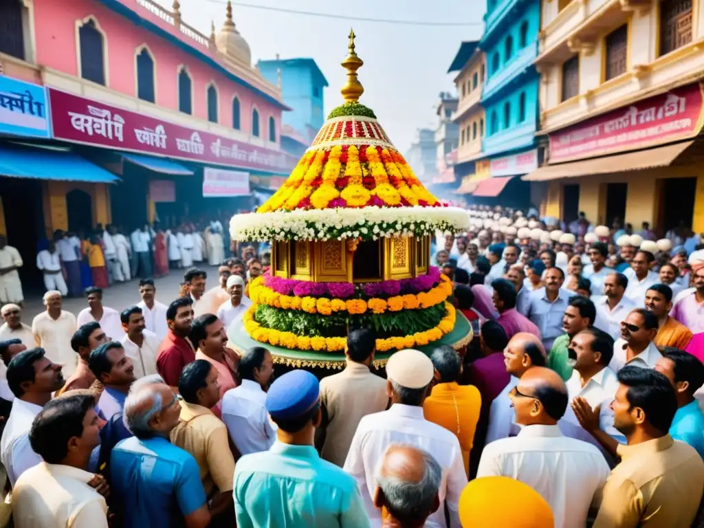 Una procesión callejera vibrante y colorida durante un festival tradicional de Bhakti Yoga en la India