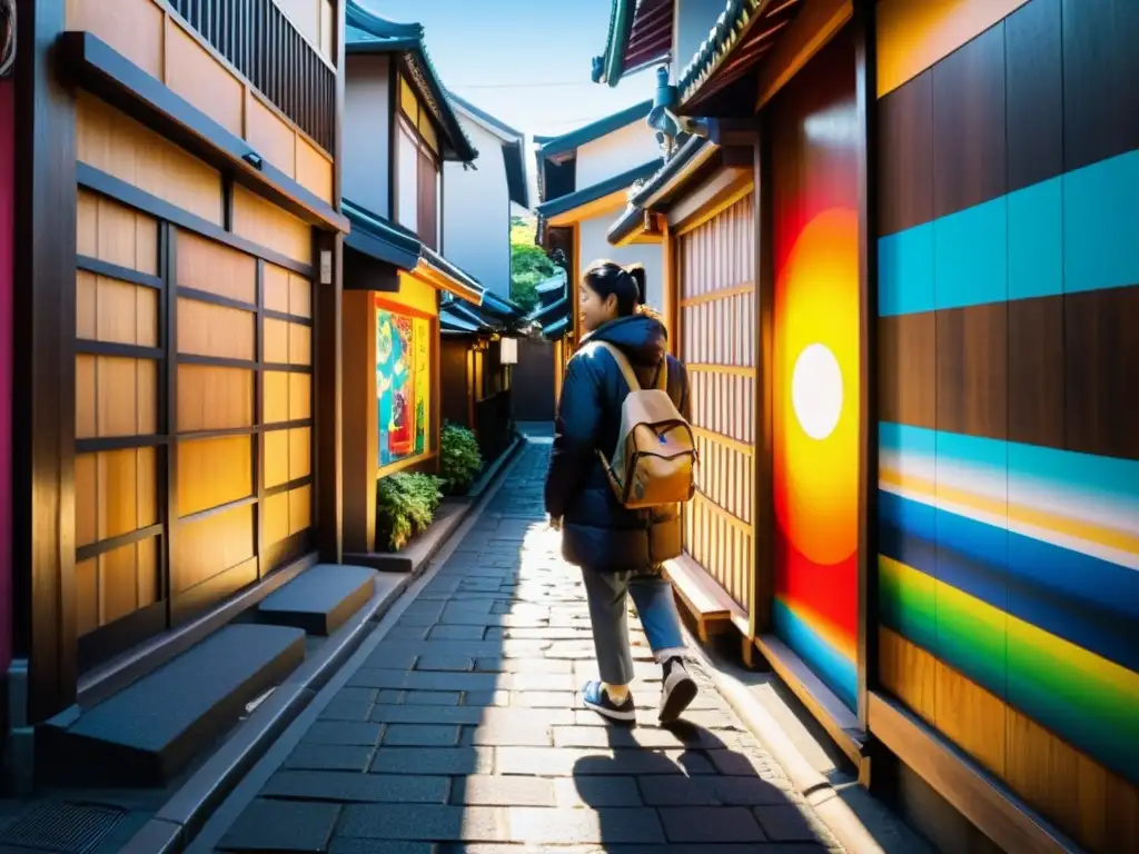 Alleyway artístico en Tokio: descubre el vibrante encanto urbano Un callejón estrecho en el bullicioso centro de la ciudad de Tokio, alineado con edificios de madera tradicionales y murales vibrantes