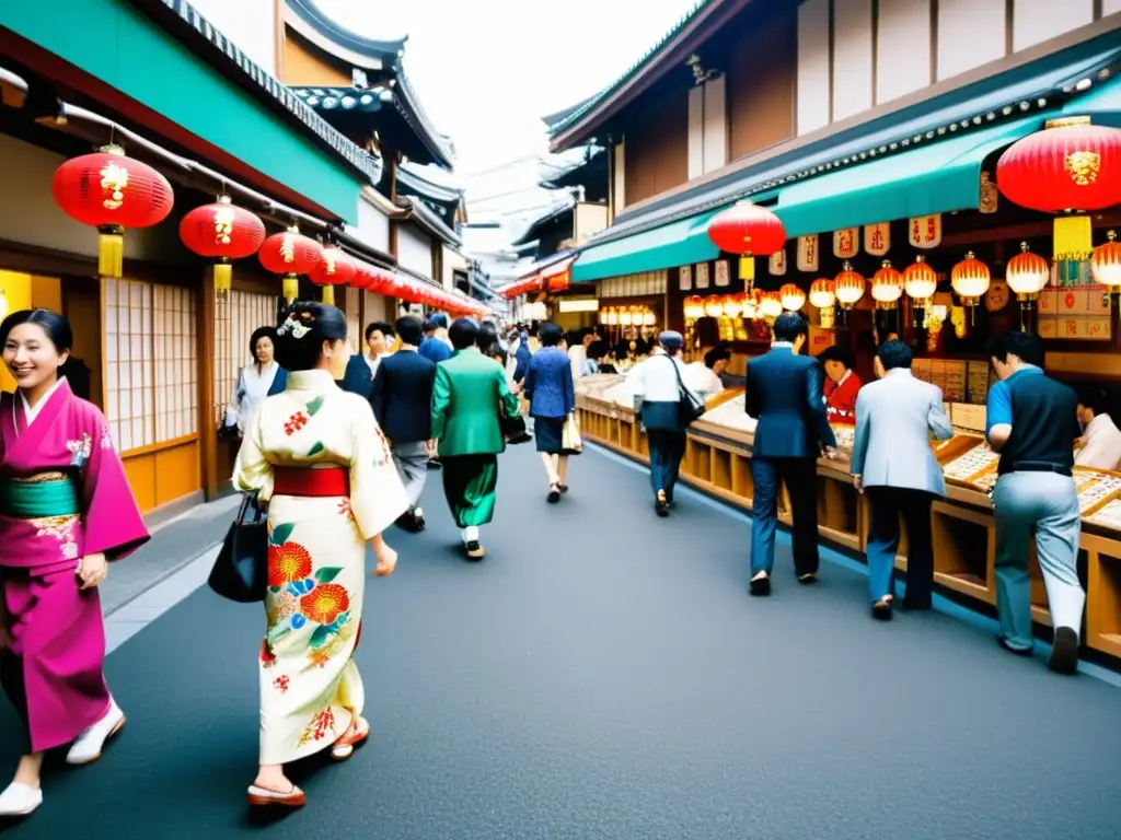 Calles animadas de Tokio, Japón, con juegos tradicionales asiáticos, kimonos coloridos y música enérgica