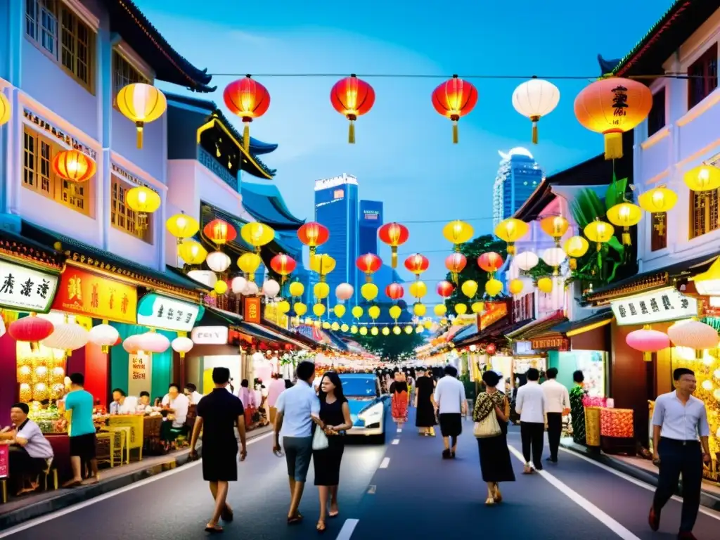 Calles bulliciosas de Chinatown en Singapur, con shophouses tradicionales y vibrantes letreros