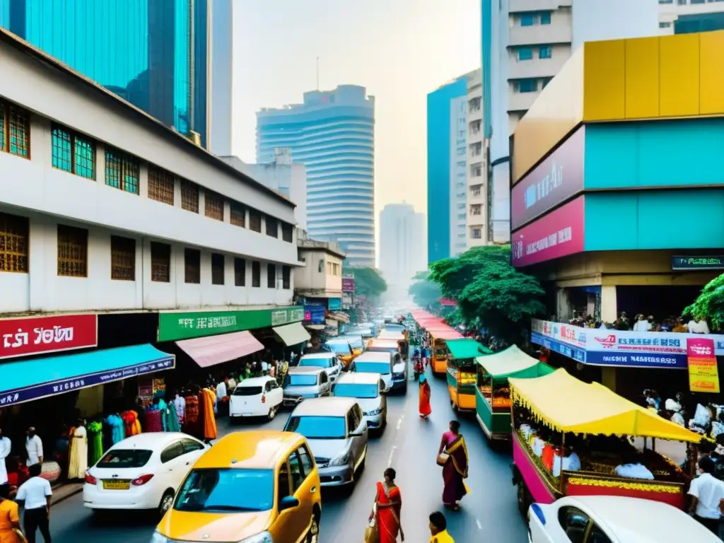 Calles bulliciosas de Mumbai con saris coloridos y modernos rascacielos, capturando el debate modernidad tradición literatura India