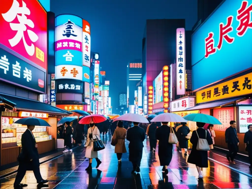 Calles bulliciosas de Tokyo con neones y carteles coloridos, fusionando tradición y cultura pop asiática