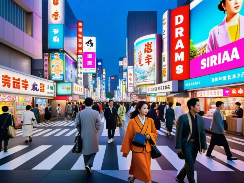 Calles bulliciosas de Tokyo con neones y vallas publicitarias de series asiáticas redefiniendo industria entretenimiento