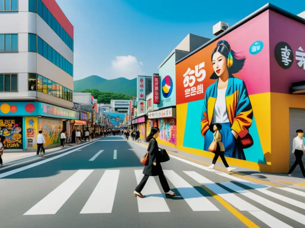 Calles bulliciosas de Seúl, Corea del Sur, con murales vibrantes que fusionan motivos tradicionales con influencias urbanas modernas