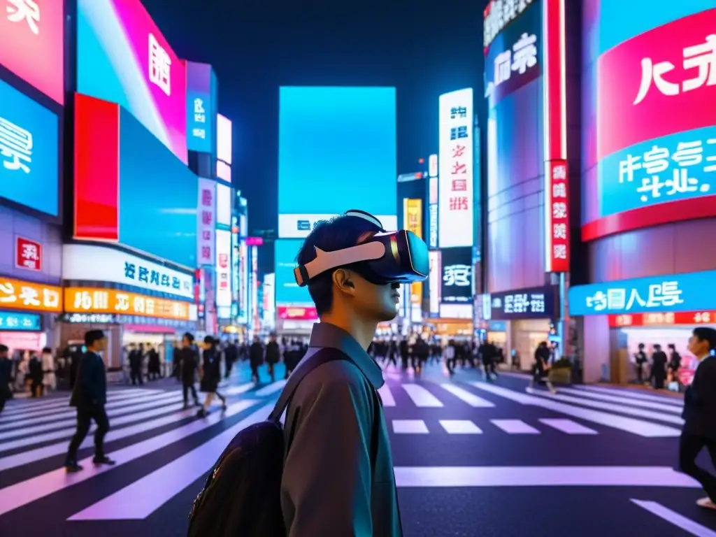 Calles de Tokio llenas de luces de neón, anuncios futuristas y personas inmersas en la realidad virtual, fusionando tecnología y cultura asiática