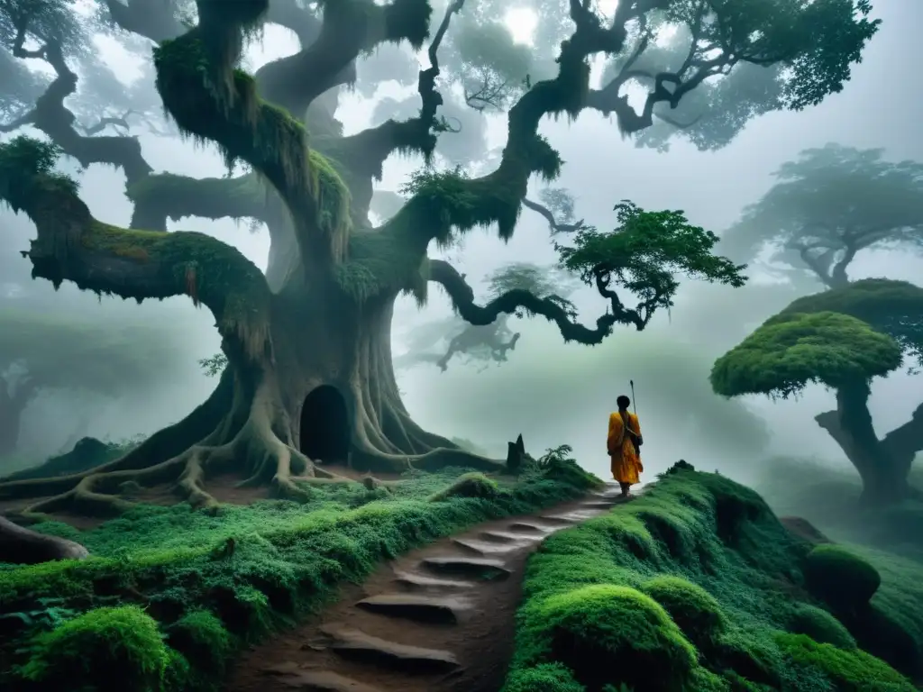 Camino neblinoso en un bosque misterioso de la India, con figuras espectrales y elementos sobrenaturales de la literatura india