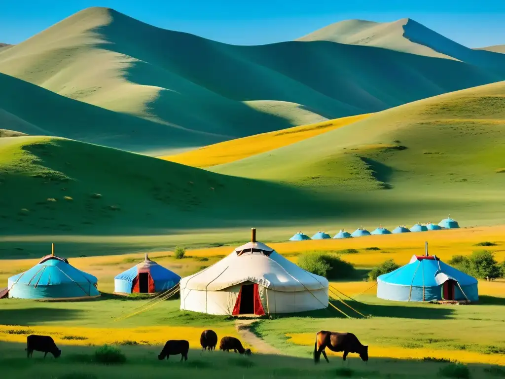 Campamento de glamping de lujo en Mongolia con yurtas tradicionales, rodeado de naturaleza y tranquilidad, águilas doradas