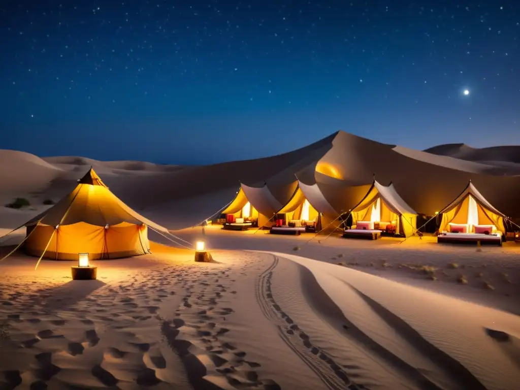 Un campamento de lujo en el desierto de Dubai, con tiendas beduinas iluminadas por cálidas linternas bajo un cielo estrellado