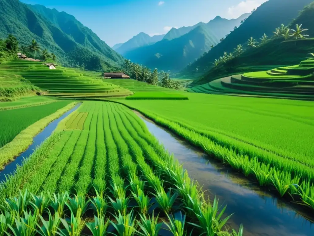 Un campo de arroz asiático tradicional en 8k, con plantas verdes y agricultores trabajando bajo el cielo azul