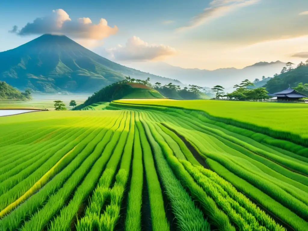 Un campo de arroz japonés tradicional con plantas verdes y organizadas, reflejando el calendario agrícola tradicional asiático