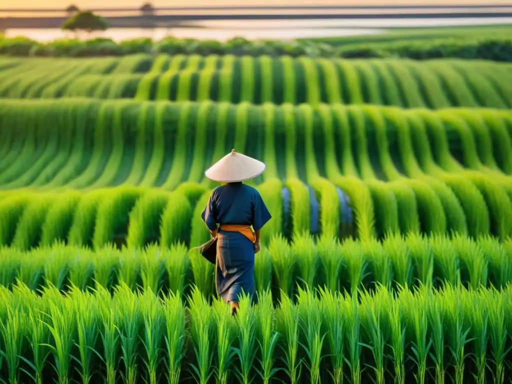 Un campo de arroz japonés tradicional al atardecer, con plantas verdes en filas rectas, reflejando la cálida luz dorada del sol poniente