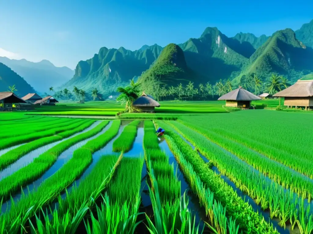 Campo de arroz verde exuberante con granjas asiáticas tradicionales y montañas al fondo