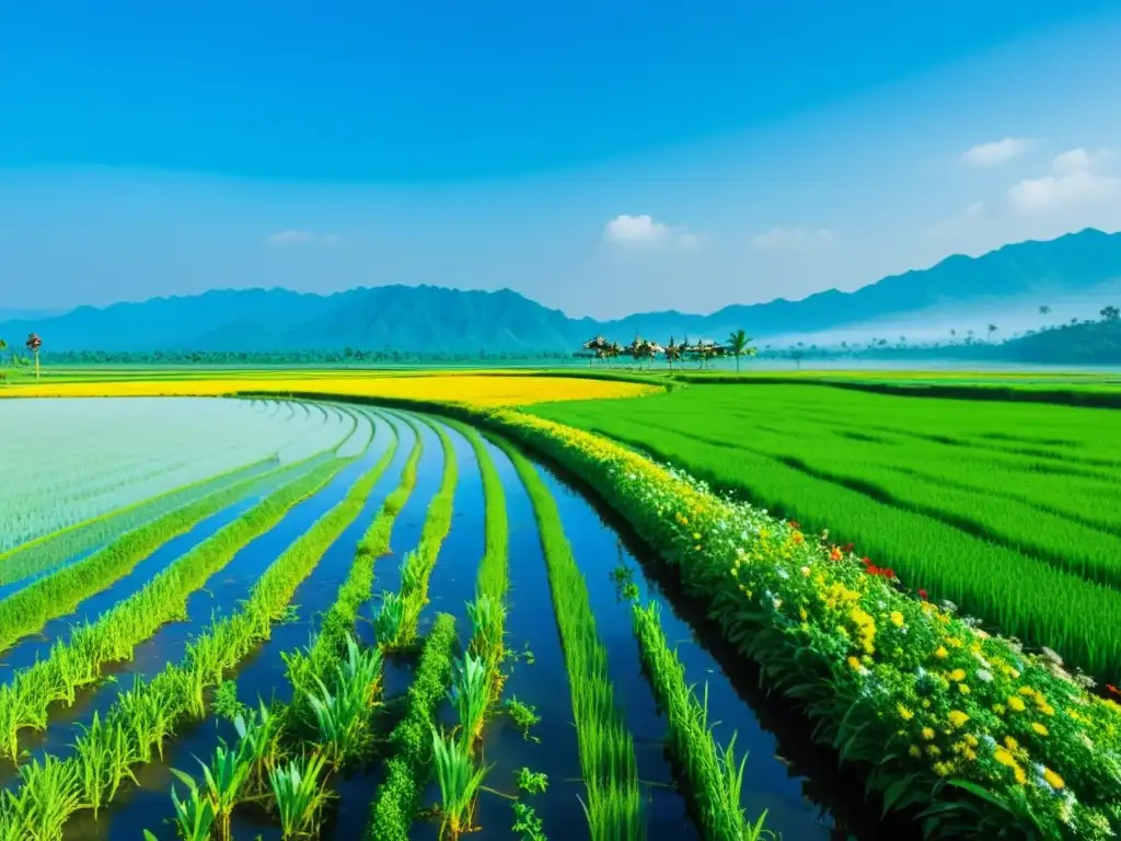 Un campo de arroz verde exuberante se extiende hasta el horizonte bajo un cielo azul