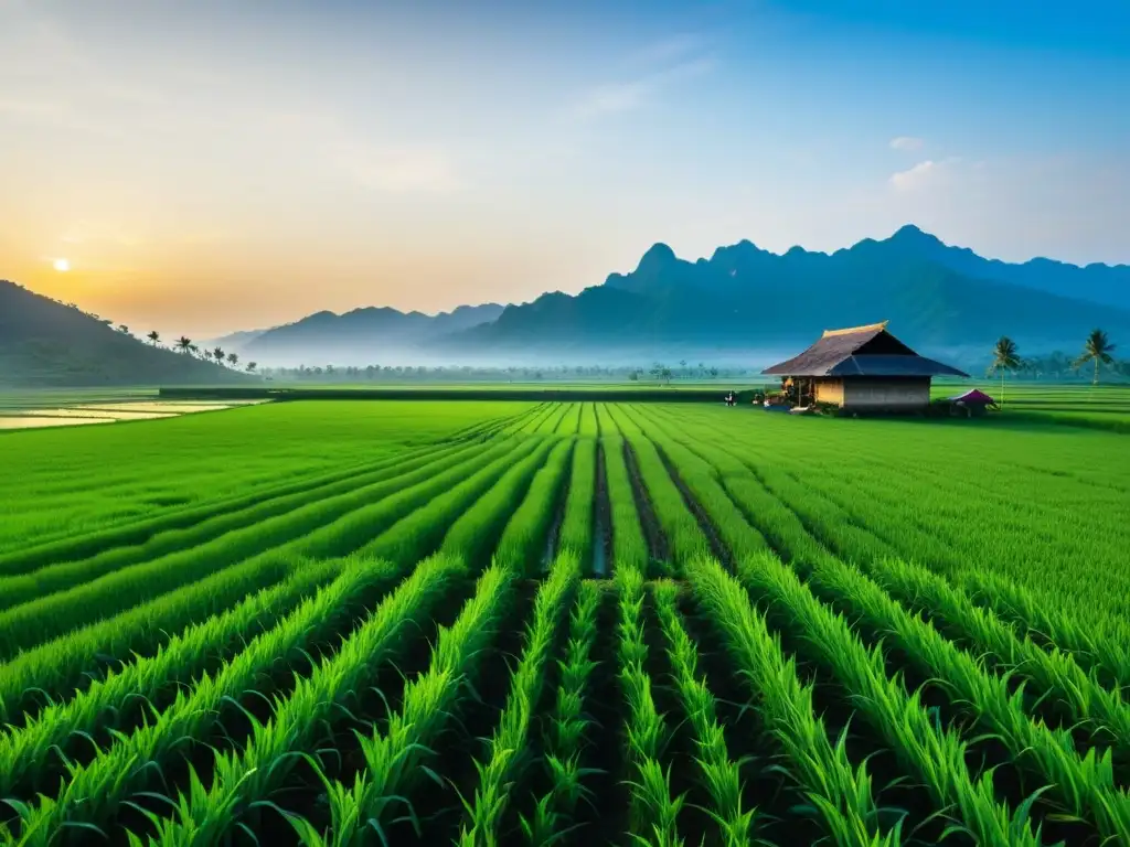 Campo de arroz verde exuberante al atardecer con agricultores trabajando