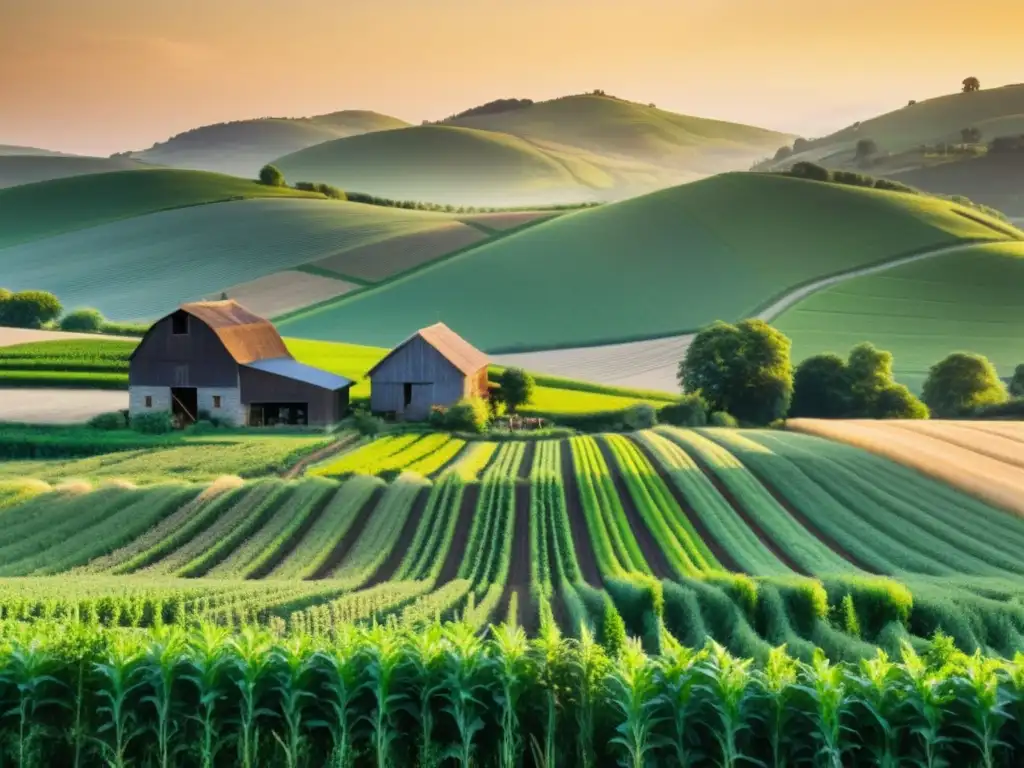 Un campo agrícola exuberante bañado por la cálida luz del atardecer, destaca la armonía entre humanos y la tierra en una sociedad sedentaria