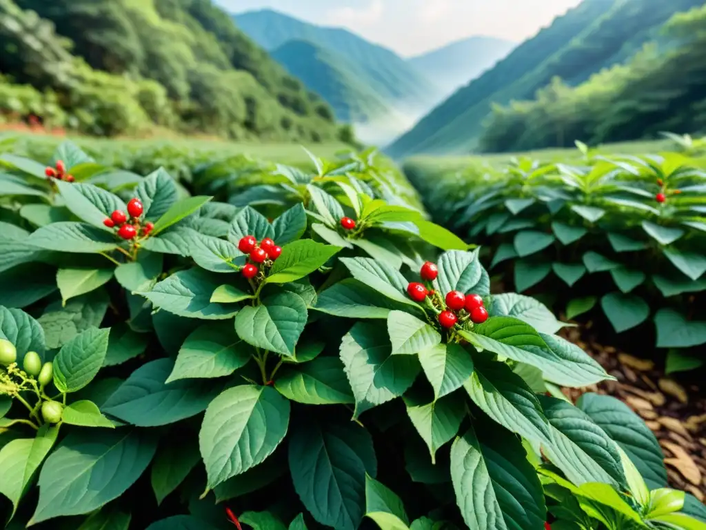 Un campo exuberante de ginseng en Corea del Sur, iluminado por el sol y envuelto en una suave niebla