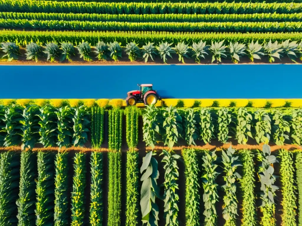 Un campo exuberante y vibrante con cultivos alternados como maíz, girasoles y soja, bañado por la luz del sol y una moderna tracción agrícola