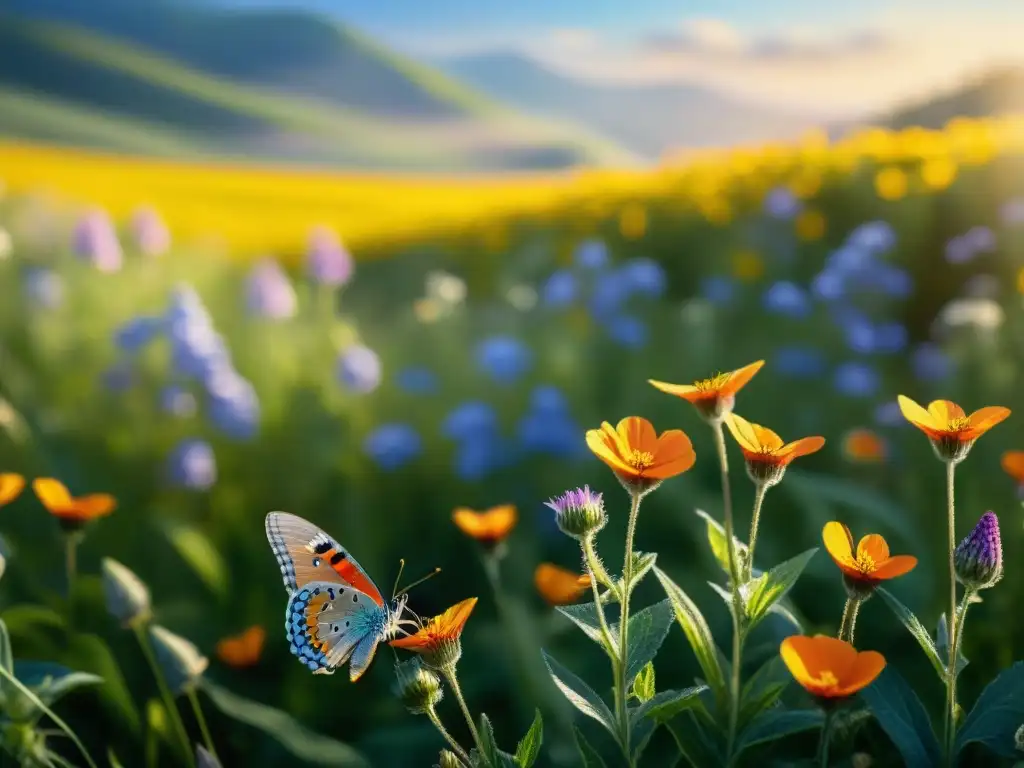 Un campo de flores silvestres bañado por el sol, con una mariposa posada en una delicada flor