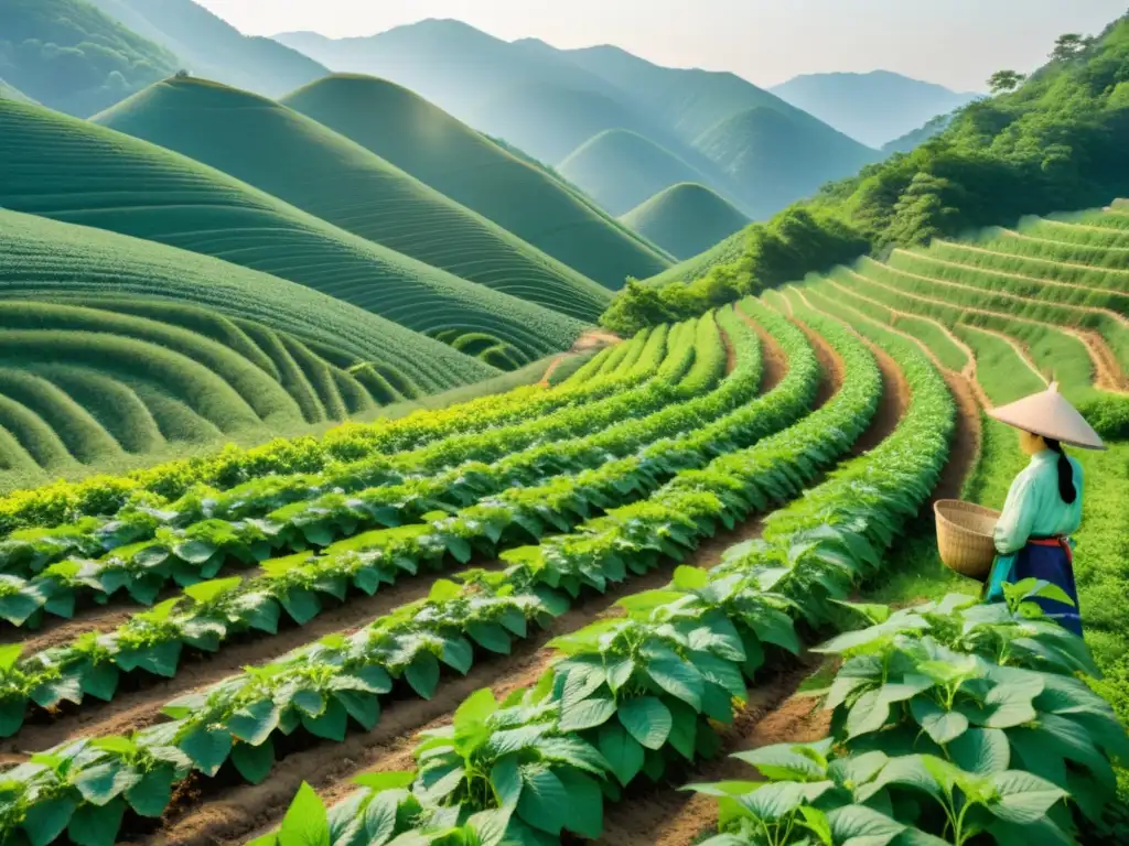 Un campo de ginseng coreano, bañado por la cálida luz del sol