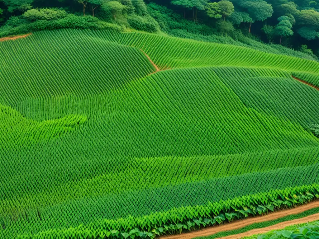 Un campo de ginseng coreano en 8k, con filas de plantas verdes bajo el cálido sol