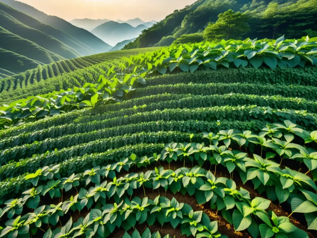 Un campo de ginseng coreano con filas de plantas verdes exuberantes bañadas por la cálida luz del sol