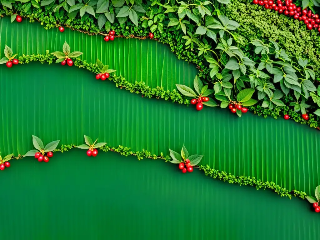 Campo de ginseng coreano con hojas verdes vibrantes y bayas rojas, iluminado por el cálido sol