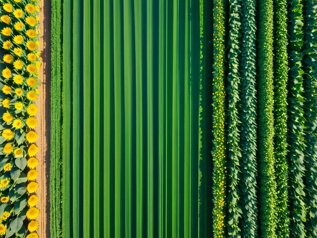 Un campo soleado muestra la rotación de cultivos: soja, trigo y girasoles