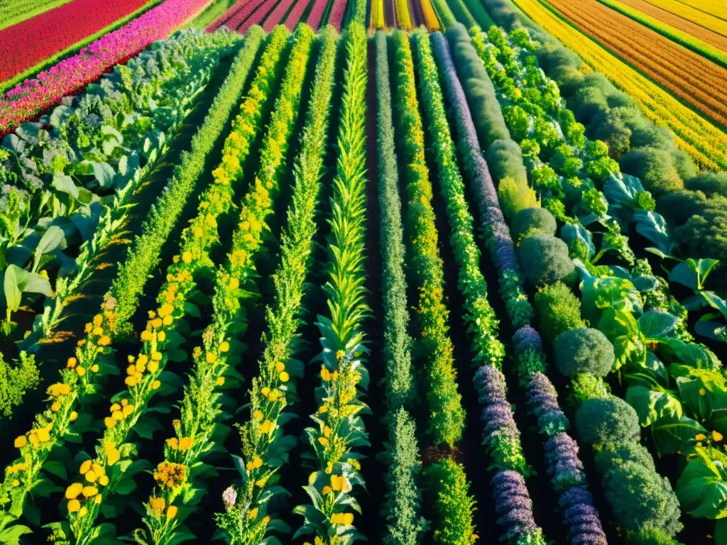 Un campo vibrante con cultivos diversos y coloridos, bañado por la sabiduría ancestral de la rotación de cultivos