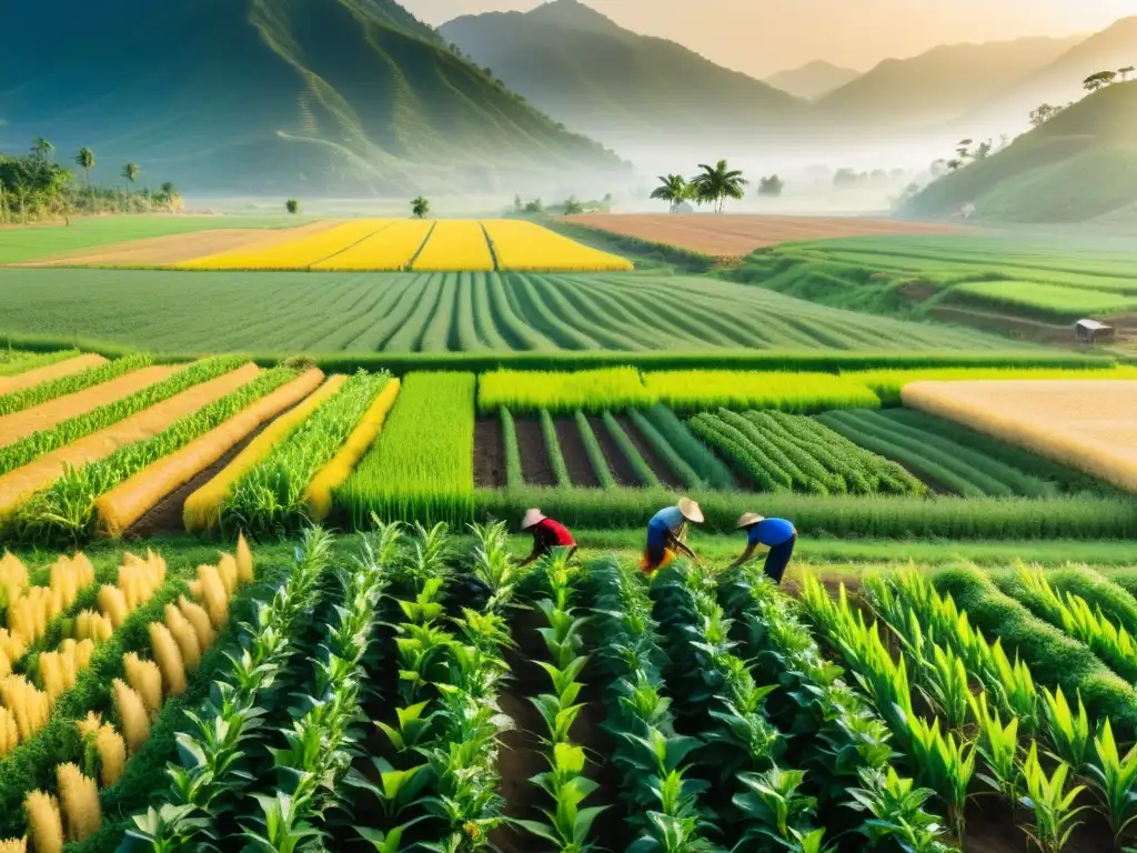 Un campo agrícola vibrante y exuberante en Asia, con diversidad de cultivos como arroz, vegetales y frutas